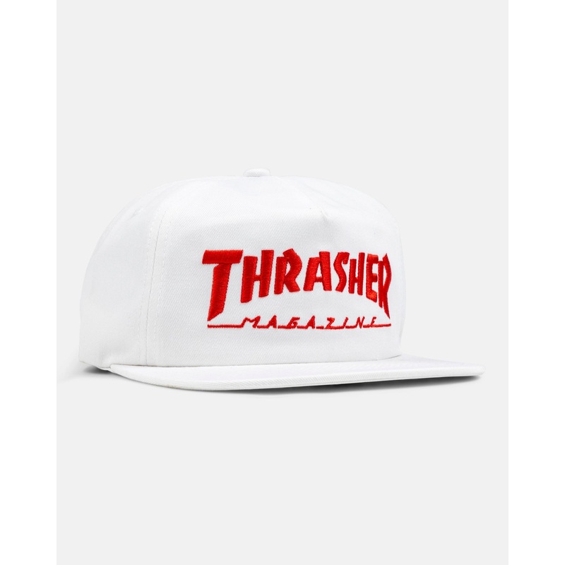 Thrasher Mag Logo 5 Panel Snapback Hat – White/Red White