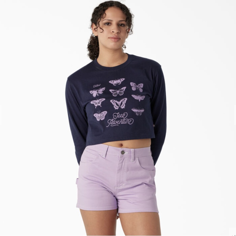 Dickies Women’s Butterfly Graphic Long Sleeve Cropped Tee – Navy Small Navy