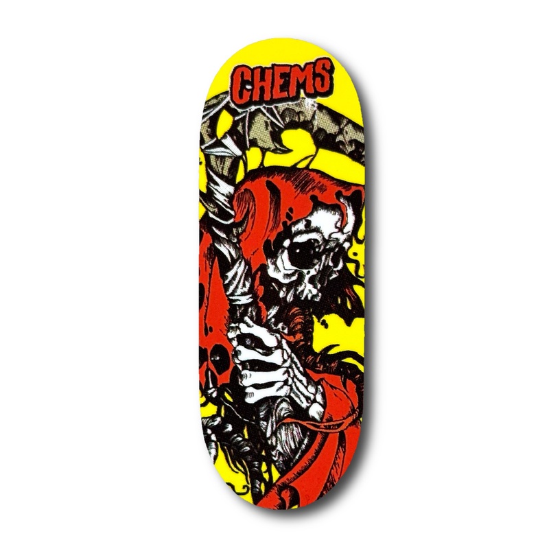 Chems Yellow Background “Red Grim” Fingerboard Deck 29mm Mid-Pro Popsicle