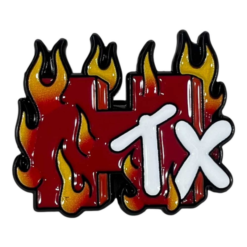 Flaming Red Yellow Blakc HTX Pin by Whatafitted
