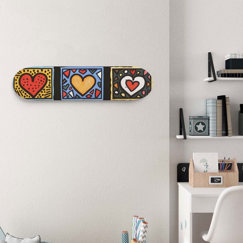 3 Colorful Hearts Wall Art or 8.25″ Skateboard Deck Only No wall hangers