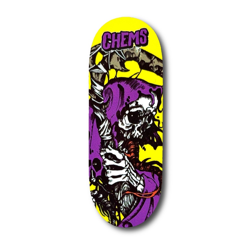 Chems Yellow Background Purple Grim Fingerboard Deck 29mm Mid-Pro Popsicle