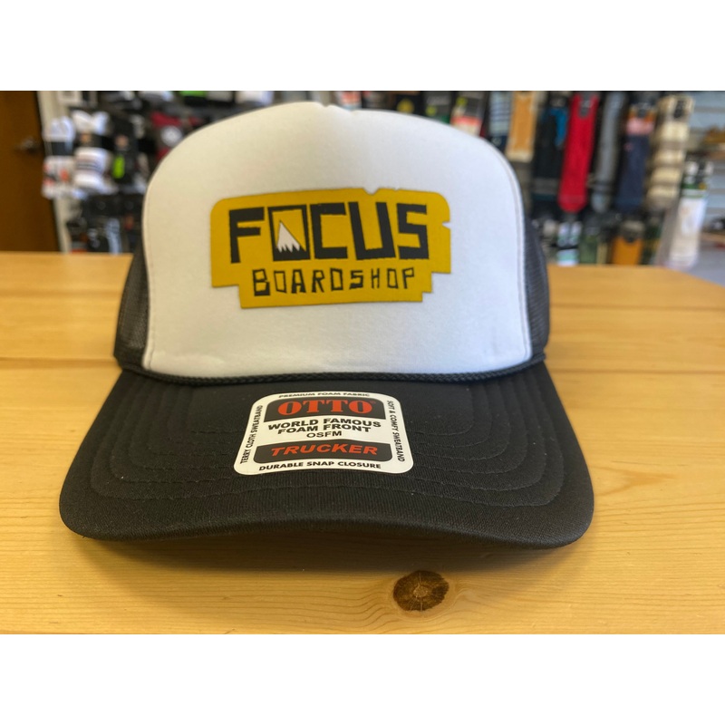 Focus Boardshop Peak Logo Mesh Trucker Cap – Black/White