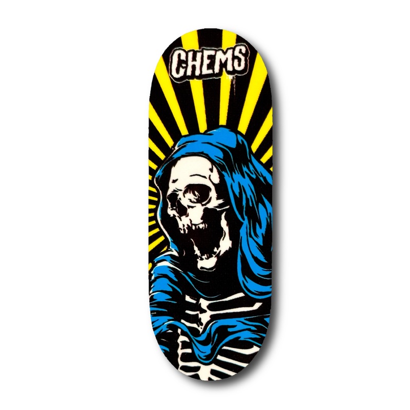 Chems Yellow Background Blue Rising Reaper Fingerboard Deck 29mm Mid-Pro Popsicle