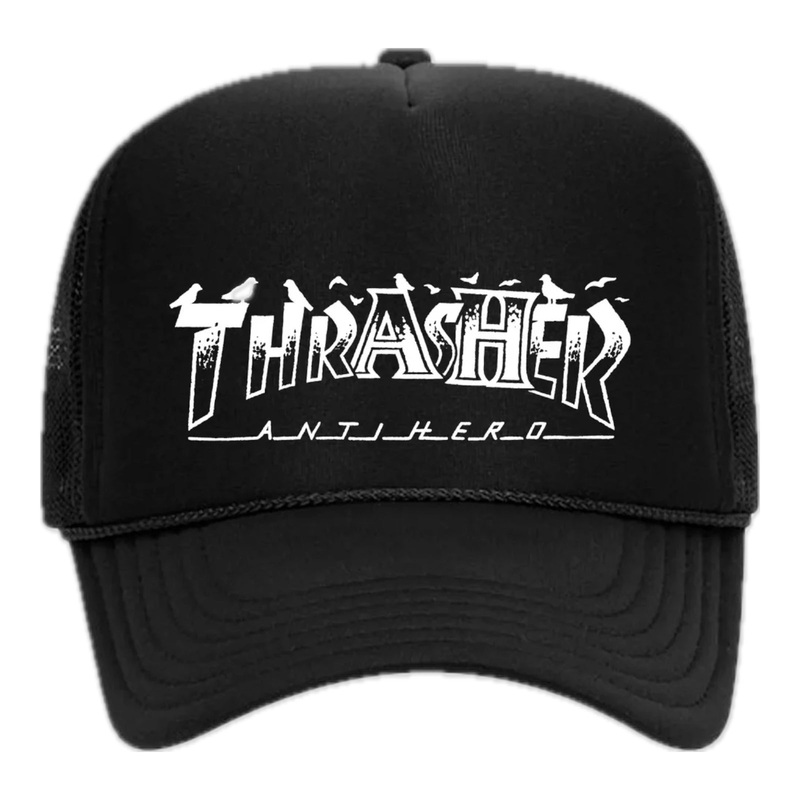 THRASHER X ANTI-HERO PIGEON MAG TRUCKER HAT BLACK OS