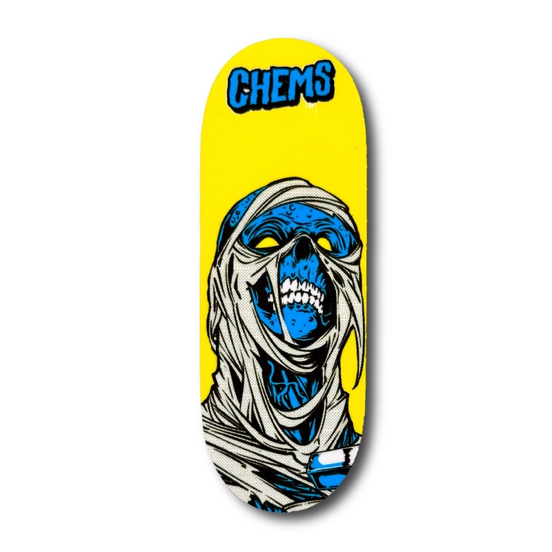 Chems Yellow Background Blue Mummy Fingerboard Deck 29mm Mid-Pro Popsicle