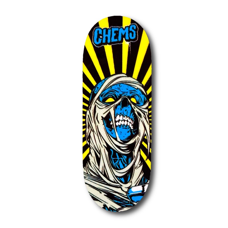 Chems Yellow Background Blue Rising Mummy Fingerboard Deck 29mm Mid-Pro Popsicle