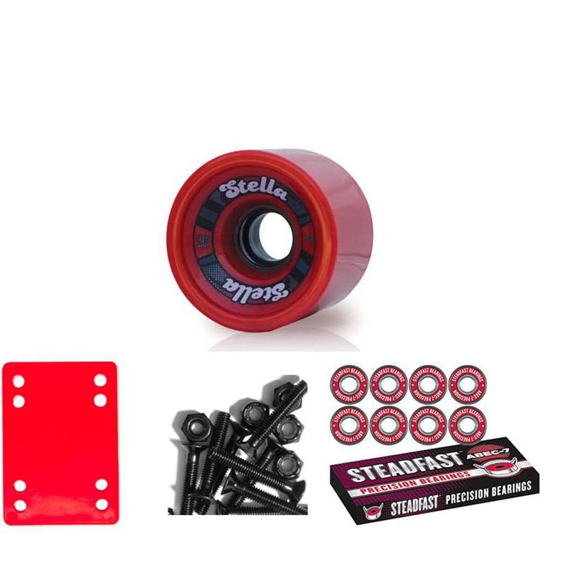 Longboard Wheels Starter Kit – Red Stella 69mm Wheels, Risers, Bearings, Hardware