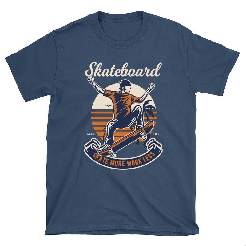 Skate More Work Less Beach Skateboard T-Shirt S Navy