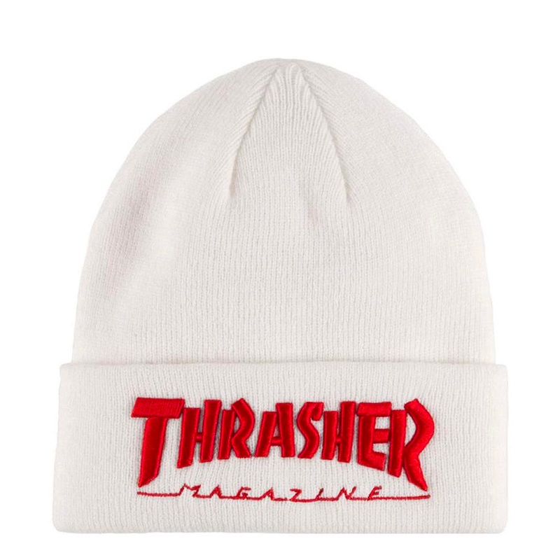 Thrasher Embroidered Logo Beanie – White / Red