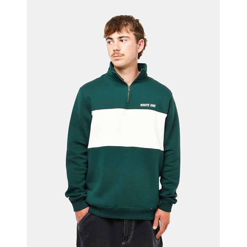 Route One Blocked 1/4 Zip Sweat – Forest Green/Stone