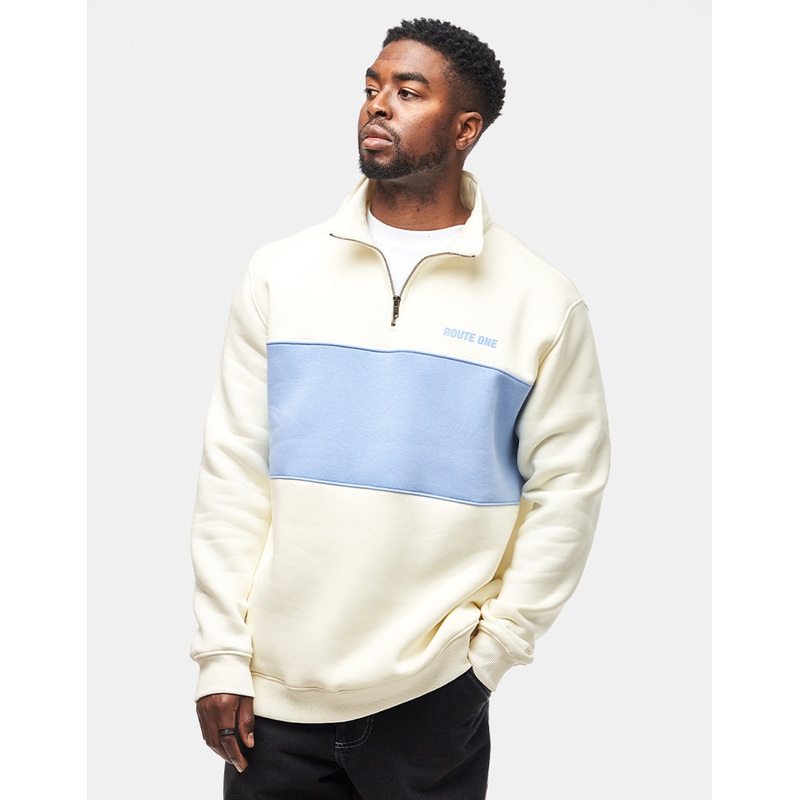 Route One Blocked 1/4 Zip Sweat – Stone/Baby Blue