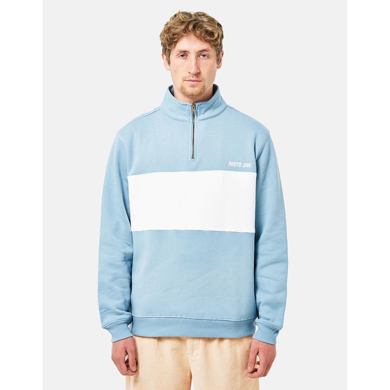 Route One Organic Blocked 1/4 Zip Sweat – Stone Blue/Stone