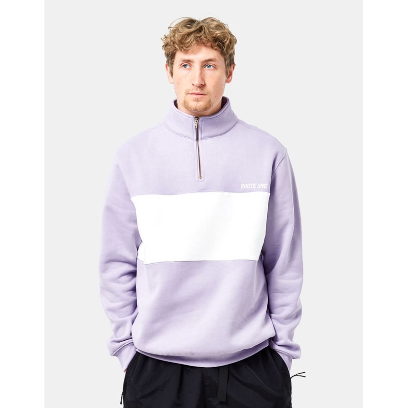 Route One Organic Blocked 1/4 Zip Sweat – Viola/Stone