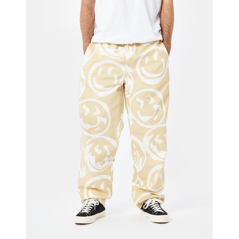 Route One Organic Baggy Pants – Warped Smiley Ivory Cream/White