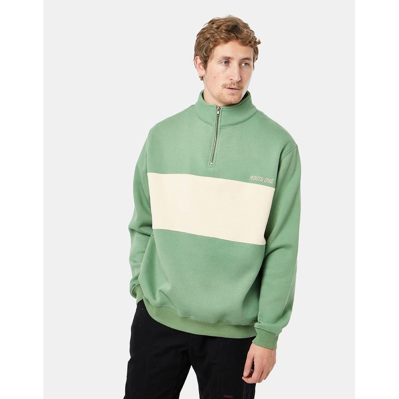 Route One Organic Blocked 1/4 Zip Sweat – Sage/IvoryCream