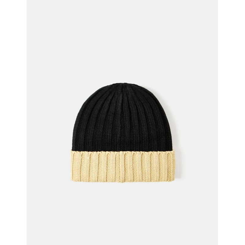 Route One Recycled Two Tone Ribbed Beanie – Black/Ivory Cream