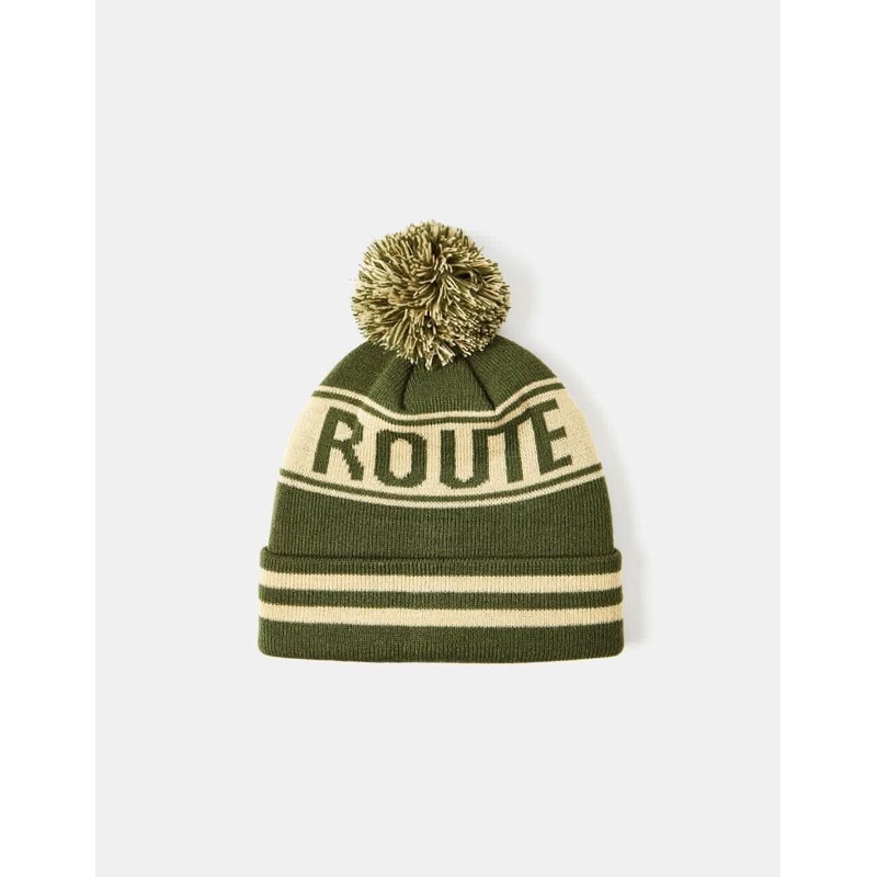 Route One Recycled Varsity Bobble Beanie – Olive/Ivory Cream