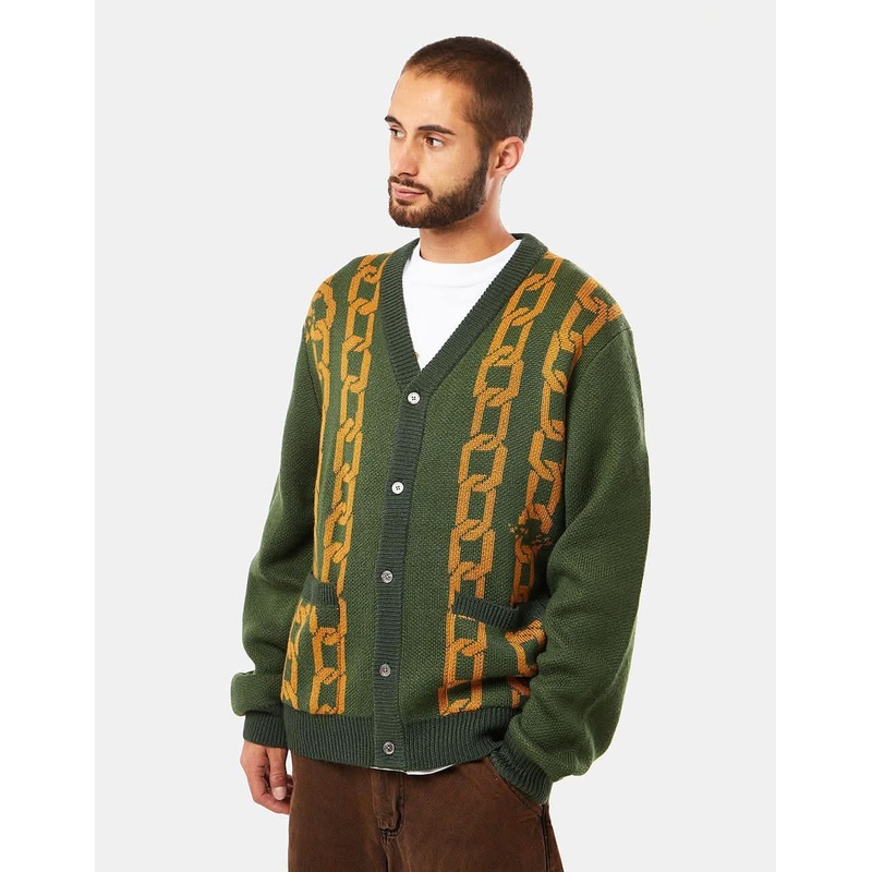 Route One Chains Knitted Cardigan – Forest Green/Orange