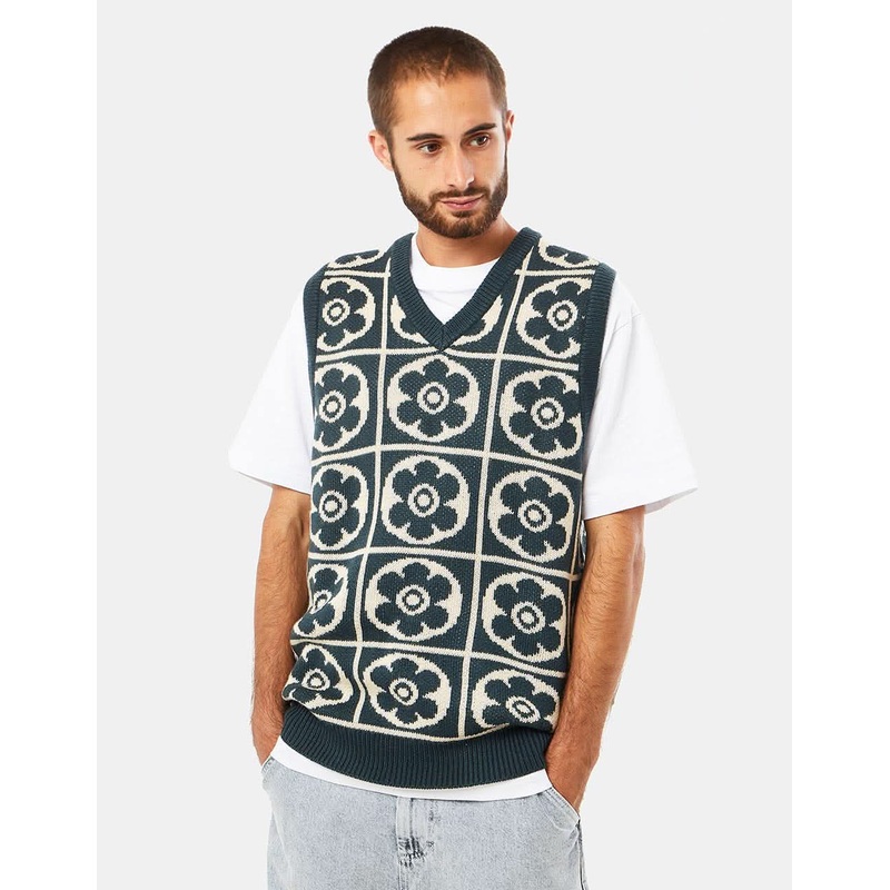 Route One Majolica Knitted Vest – Teal/Ivory Cream
