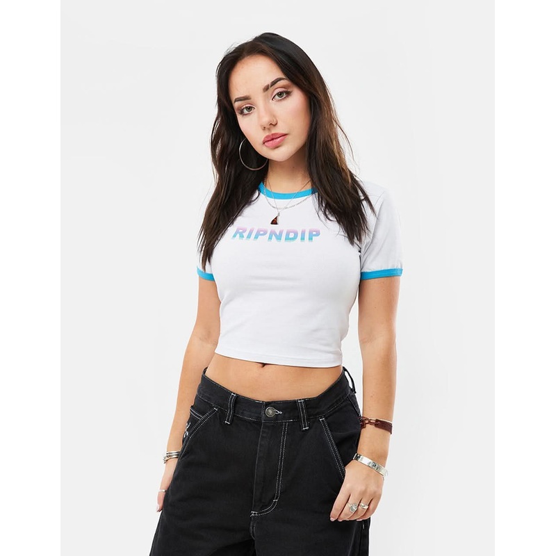 RIPNDIP Womens Digital Dream Cropped Ringer Tee  – White/Blue