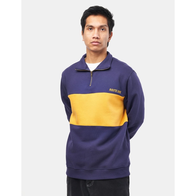 Route One Organic Blocked 1/4 Zip Sweat – Navy/Sunflower