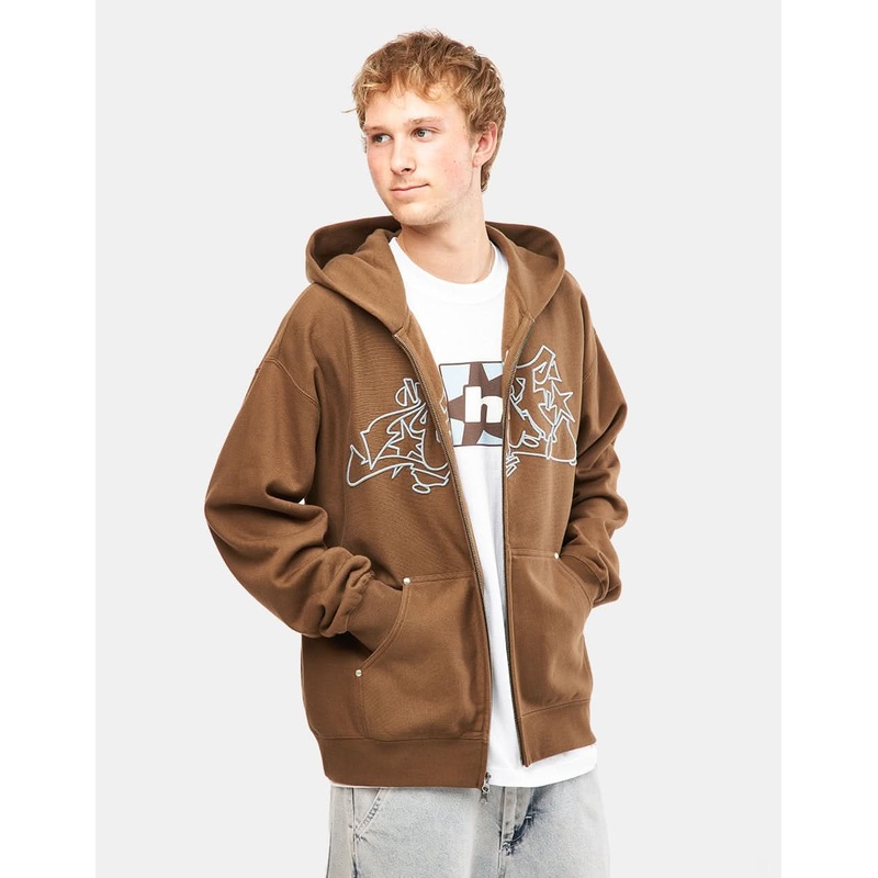 HUF Outlines Heavy Weight Full Zip Fleece Hoodie – Brown