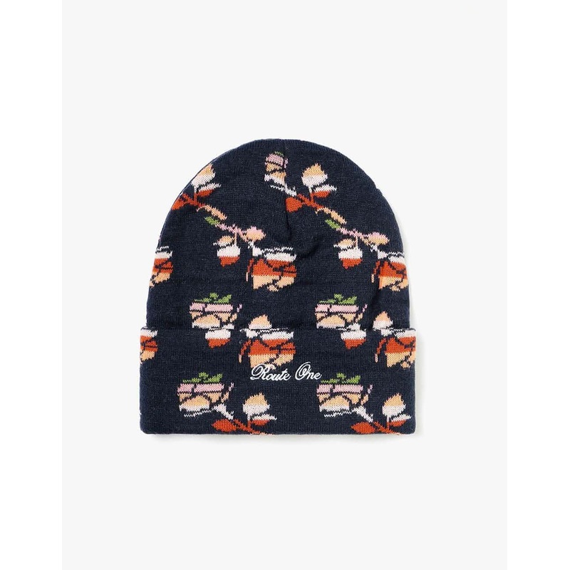 Route One Floral Cuffed Beanie – Navy
