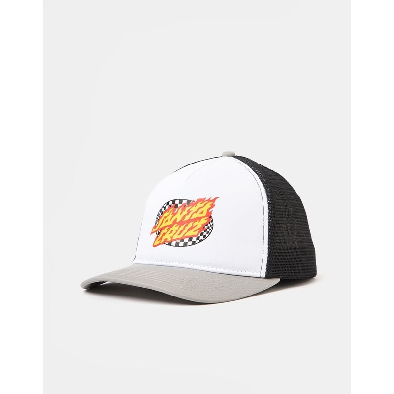 Santa Cruz Oval Check Flame Meshback Cap – White/Stone Grey