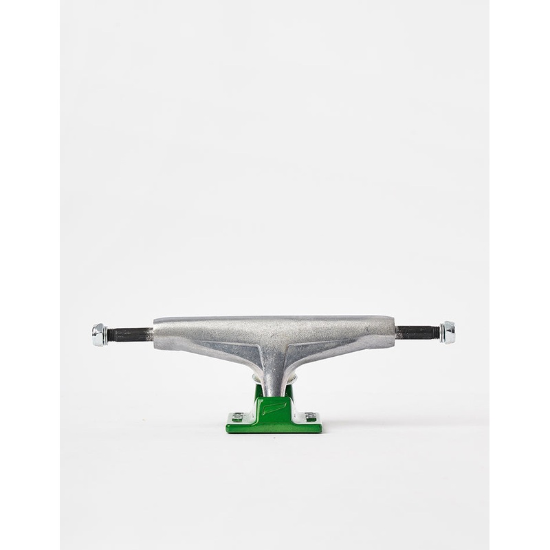 Tensor Stencil Mirror Alum Skateboard Trucks – Raw/Green (Pair)