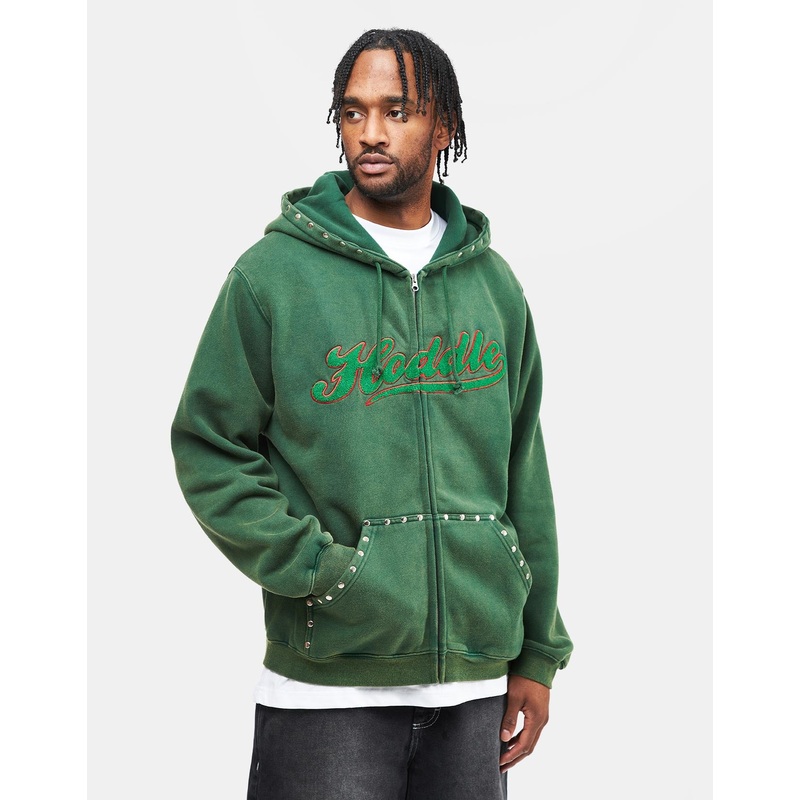 Hoddle Intarsia Script Zip Hoodie – Washed Green