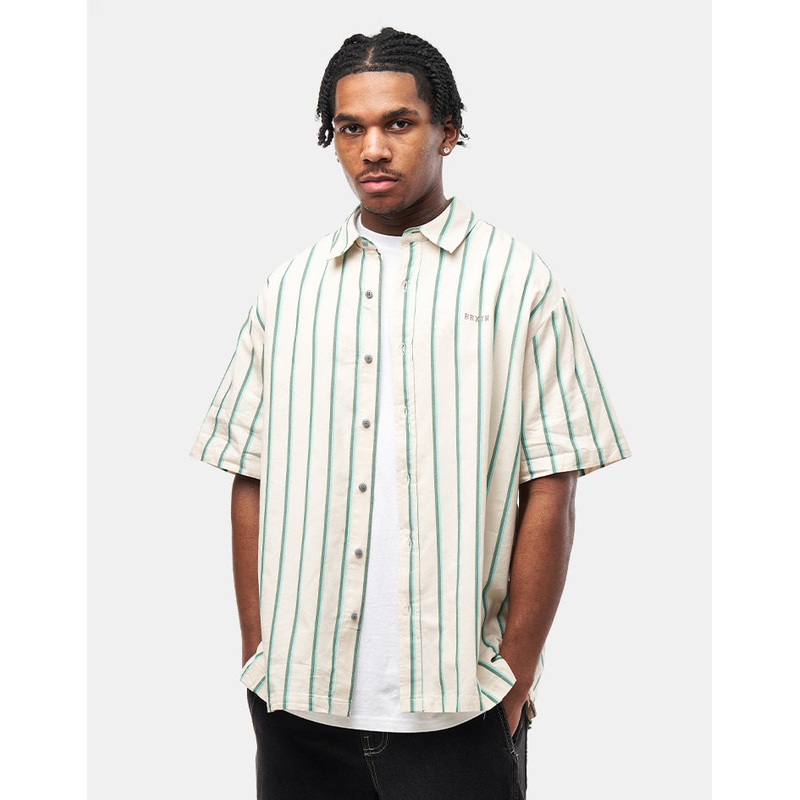 Brixton Cru Stripe S/S Shirt – Beige/Pine Needle/Aquatic Green