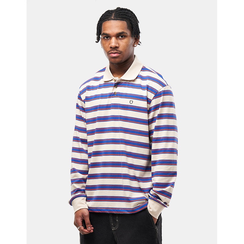 Brixton Vintage Stripe L/S Polo Knit – Electric Blue/Flame/Whitecap