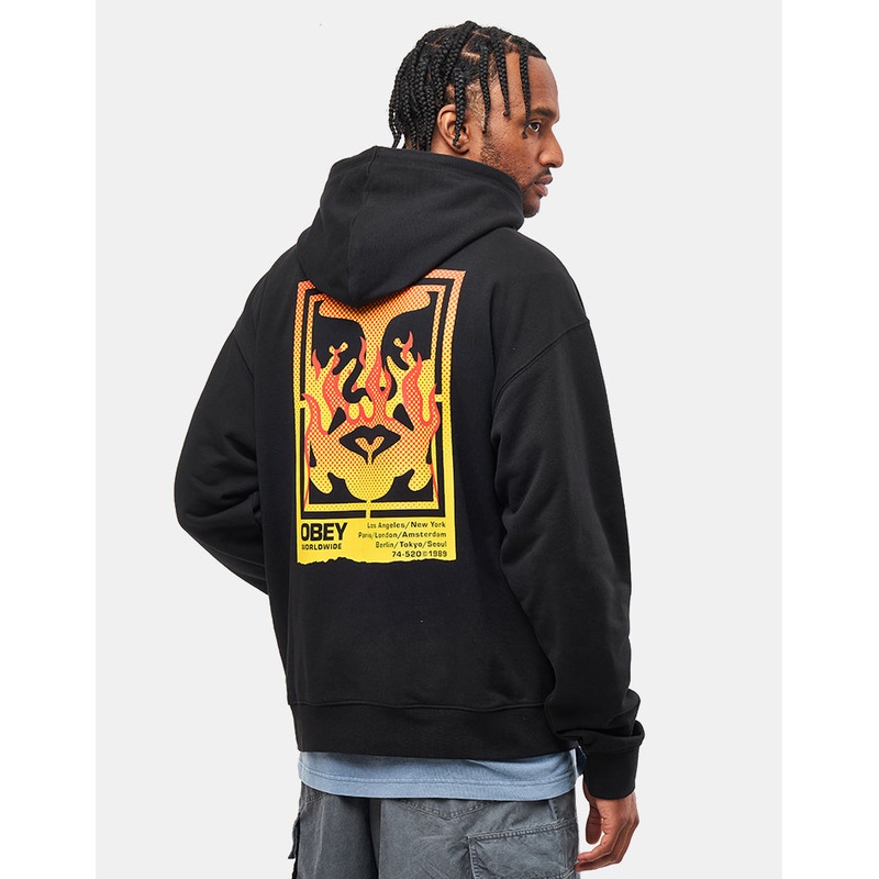 Obey Icon Stencil Flame Pullover Hoodie – Black