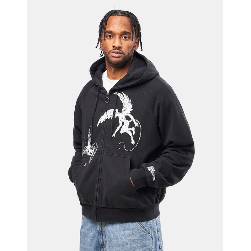 Welcome Duality Cropped Pigment-Dyed Zip Hoodie – Black