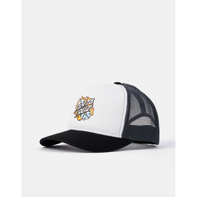 Santa Cruz Flaming Dice Dot Mesh Snapback Cap – White/Grey