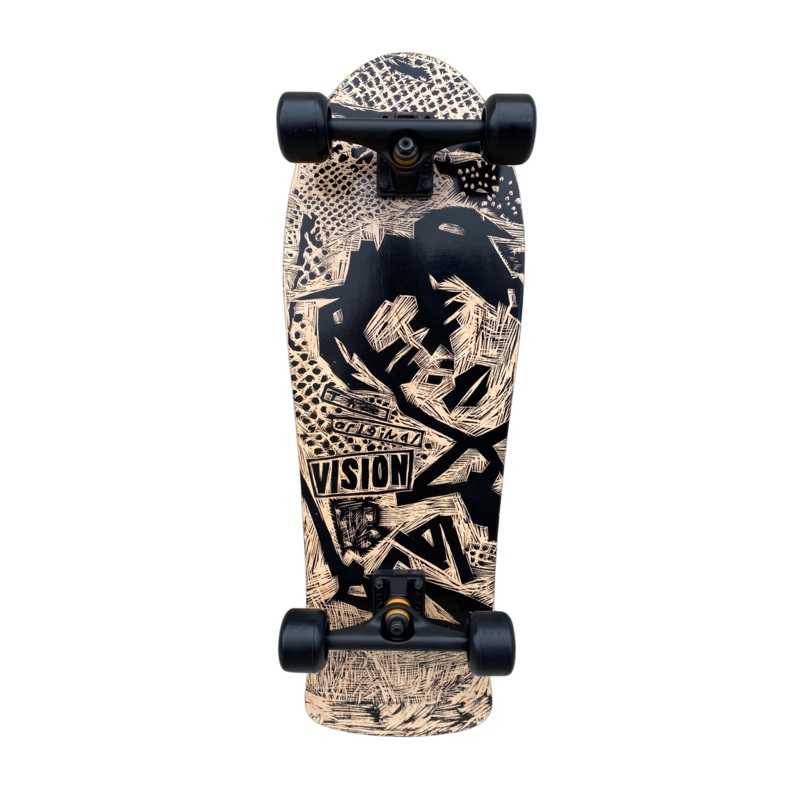VISION ORIGINAL MG COMPLETE SKATEBOARD-WOODCUT ART BY SEAN STARWARS- 10″x30″
